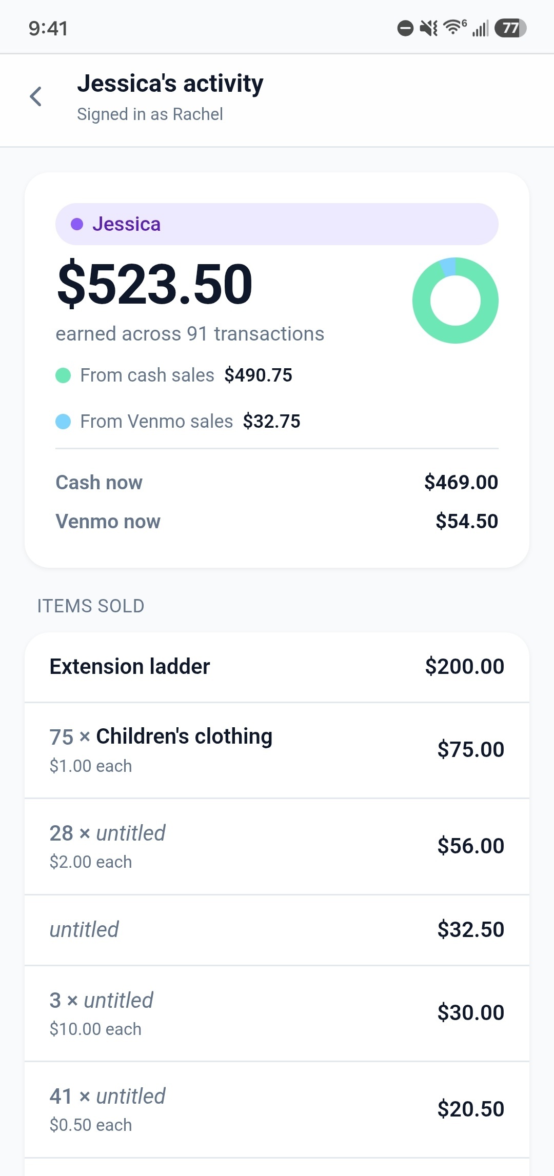 Single host activity view with earnings, cash and Venmo breakdown, and item list