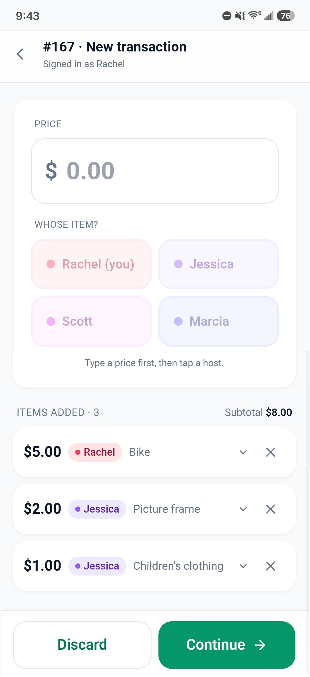 Adding a new transaction with a price entry and host picker