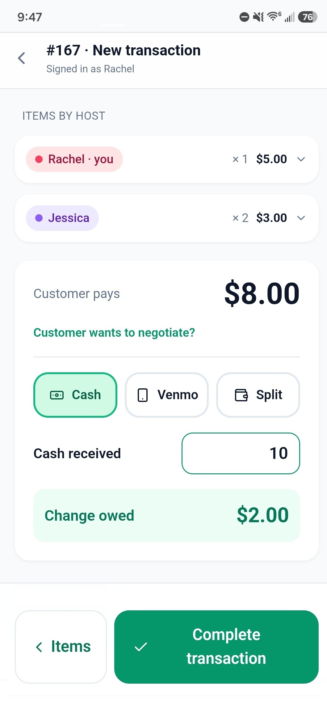 Payment screen showing cash, Venmo, and split options with change calculation